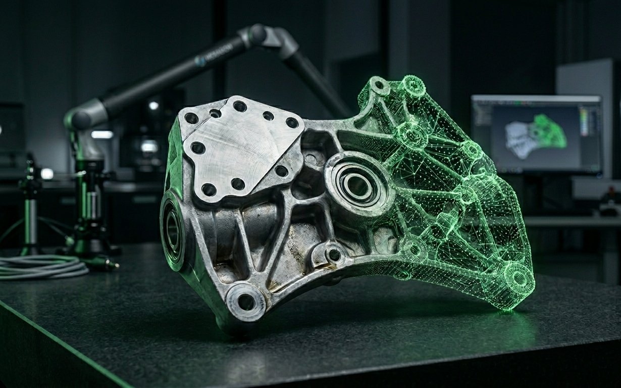 Reverse Engineering: ein reales Metallbauteil geht in ein digitales 3D-CAD-Modell über, erfasst mit einem 3D-Messarm