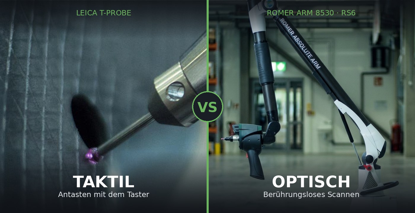 Vergleich taktile und optische Messtechnik: links die Leica T-Probe zum Antasten, rechts der Romer Absolute Arm 8530 mit RS6 Laserscanner zum berührungslosen Scannen
